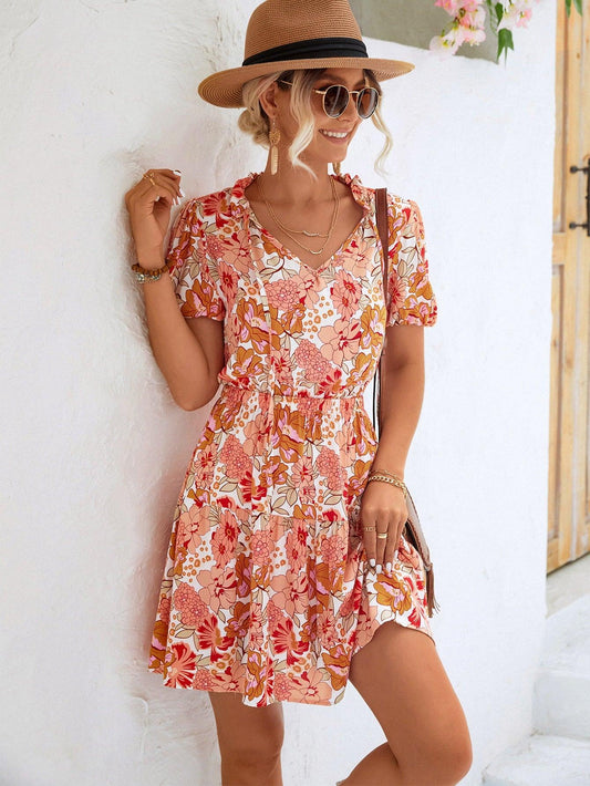 Floral Tie Neck Puff Sleeve Tiered Dress - Flyclothing LLC