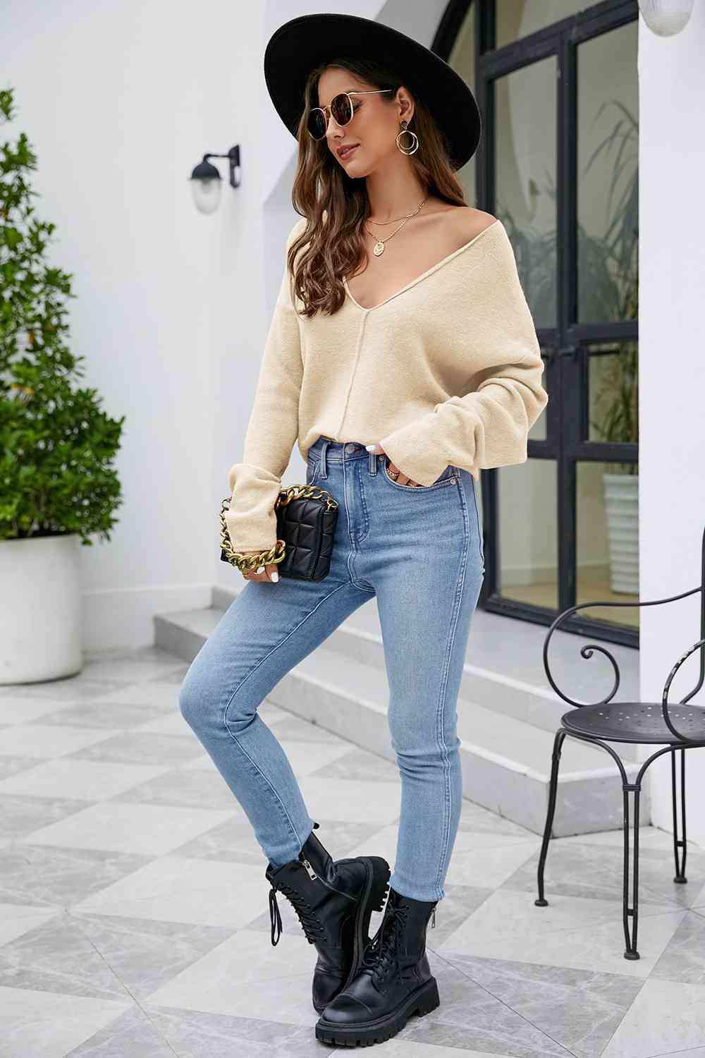 V-Neck Drop Shoulder Long Sleeve Knit Top - Trendsi - Flyclothing LLC