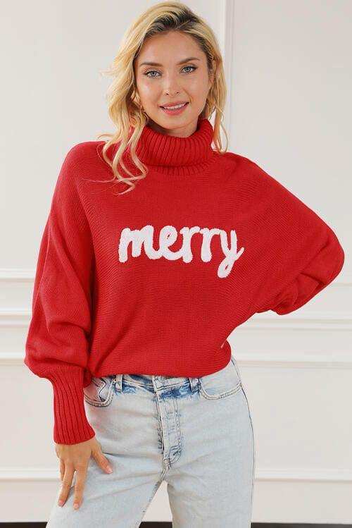 Merry Letter Embroidered High Neck Sweater - Trendsi - Flyclothing LLC