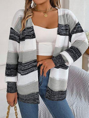 Openwork Striped Open Front Cardigan - Trendsi