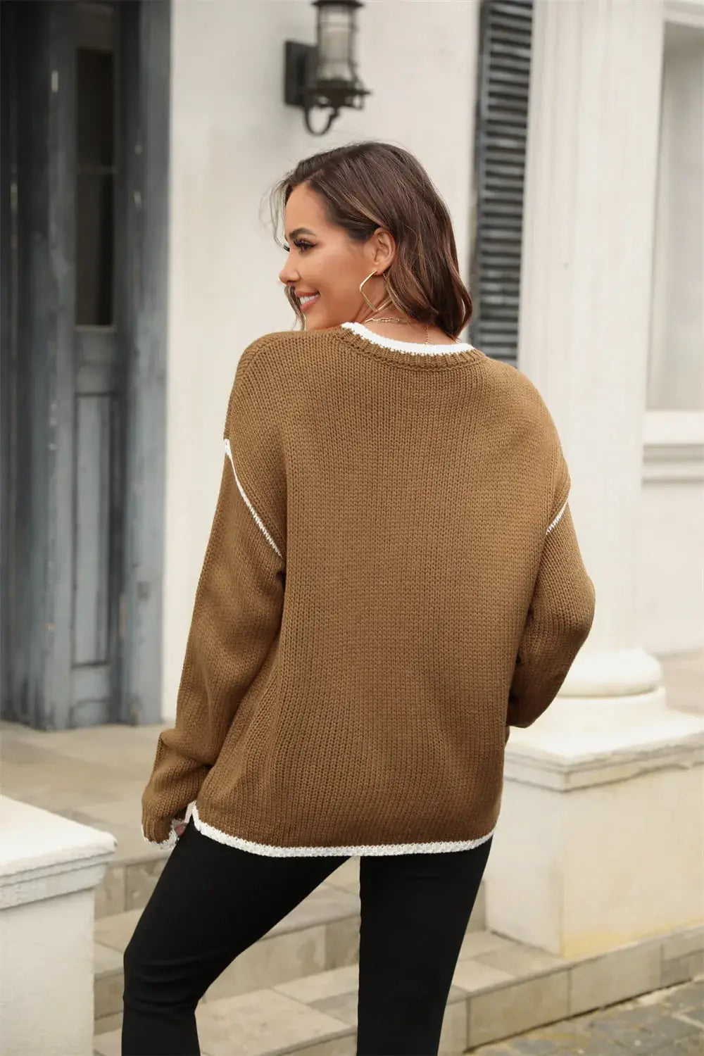 Round Neck Long Sleeve Waffle-Knit Sweater - Trendsi - Flyclothing LLC