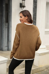 Round Neck Long Sleeve Waffle-Knit Sweater - Trendsi - Flyclothing LLC