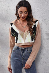 Geometric Long Sleeve Cropped Sweater - Trendsi