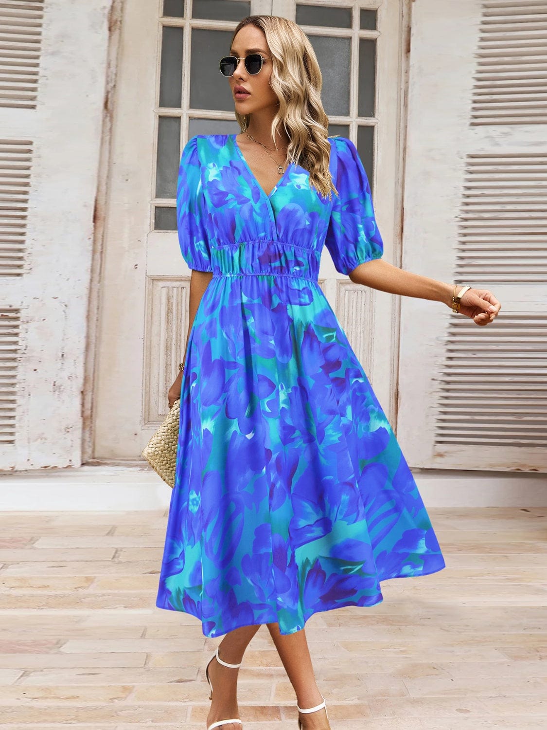 Ruched Printed Surplice Short Sleeve Dress - Trendsi