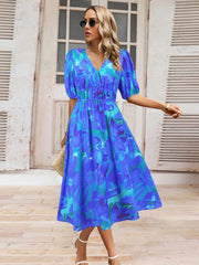 Ruched Printed Surplice Short Sleeve Dress - Trendsi
