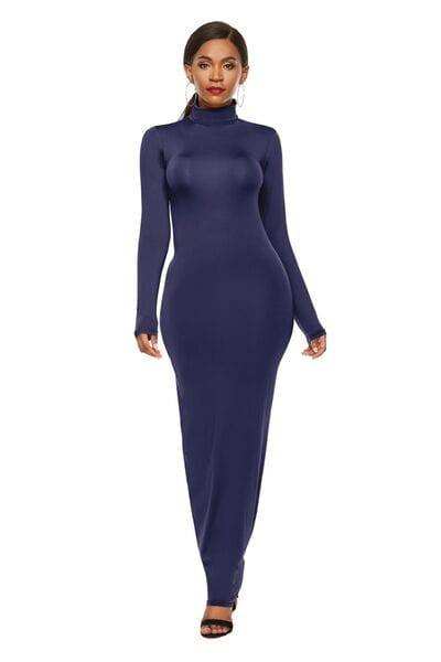 Mock Neck Long Sleeve Maxi Slim Dress - Trendsi - Flyclothing LLC