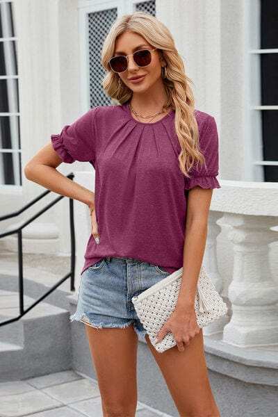 Round Neck Flounce Sleeve T-Shirt - Trendsi - Flyclothing LLC