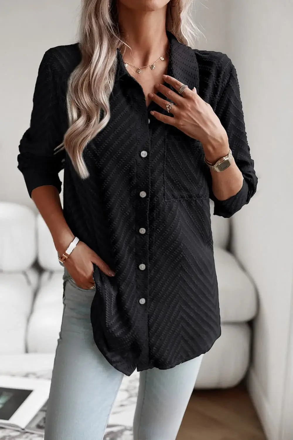 Collared Neck Long Sleeve Pocketed Shirt - Trendsi - Flyclothing LLC