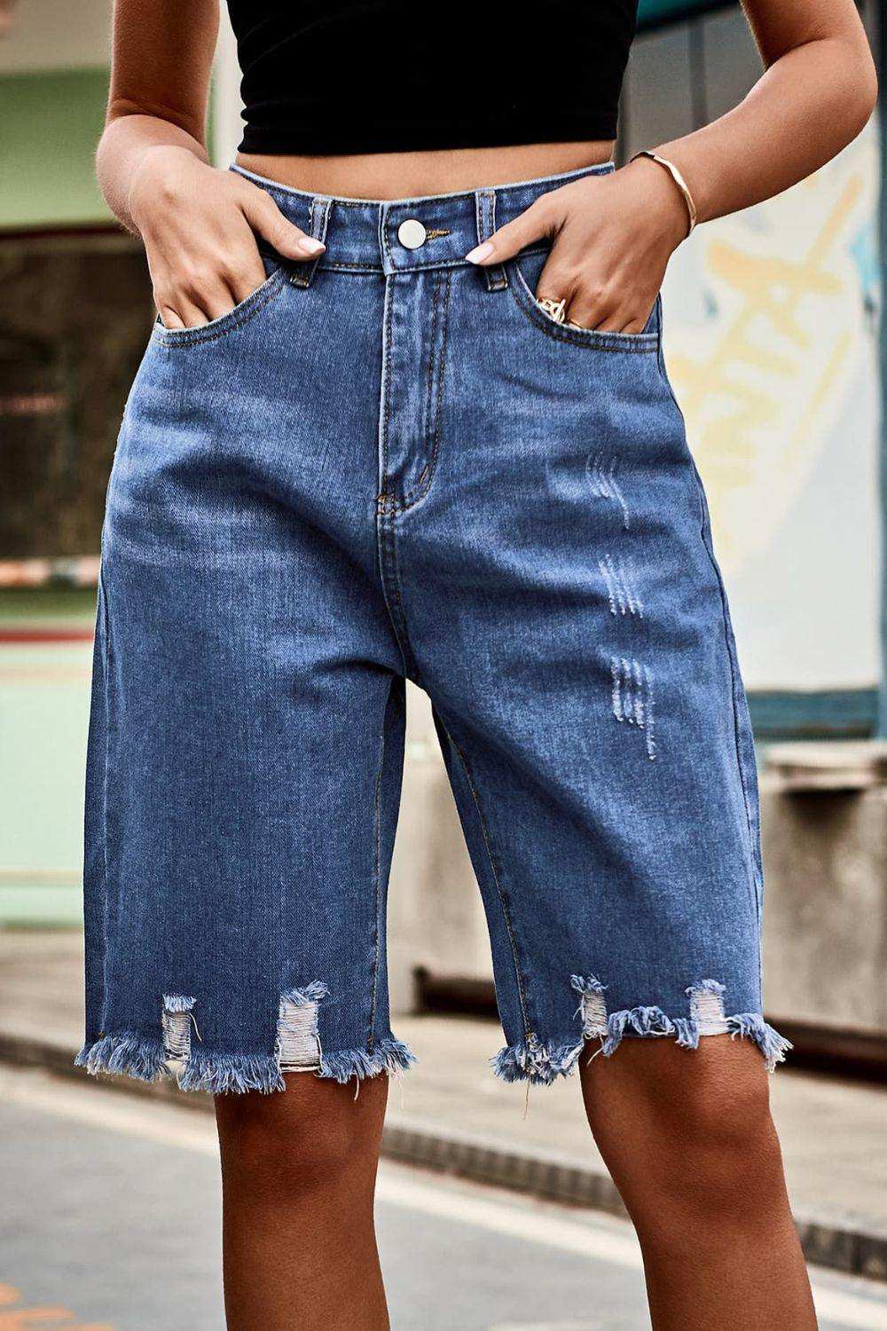 Raw Hem High Waist Denim Shorts with Pockets - Trendsi - Flyclothing LLC