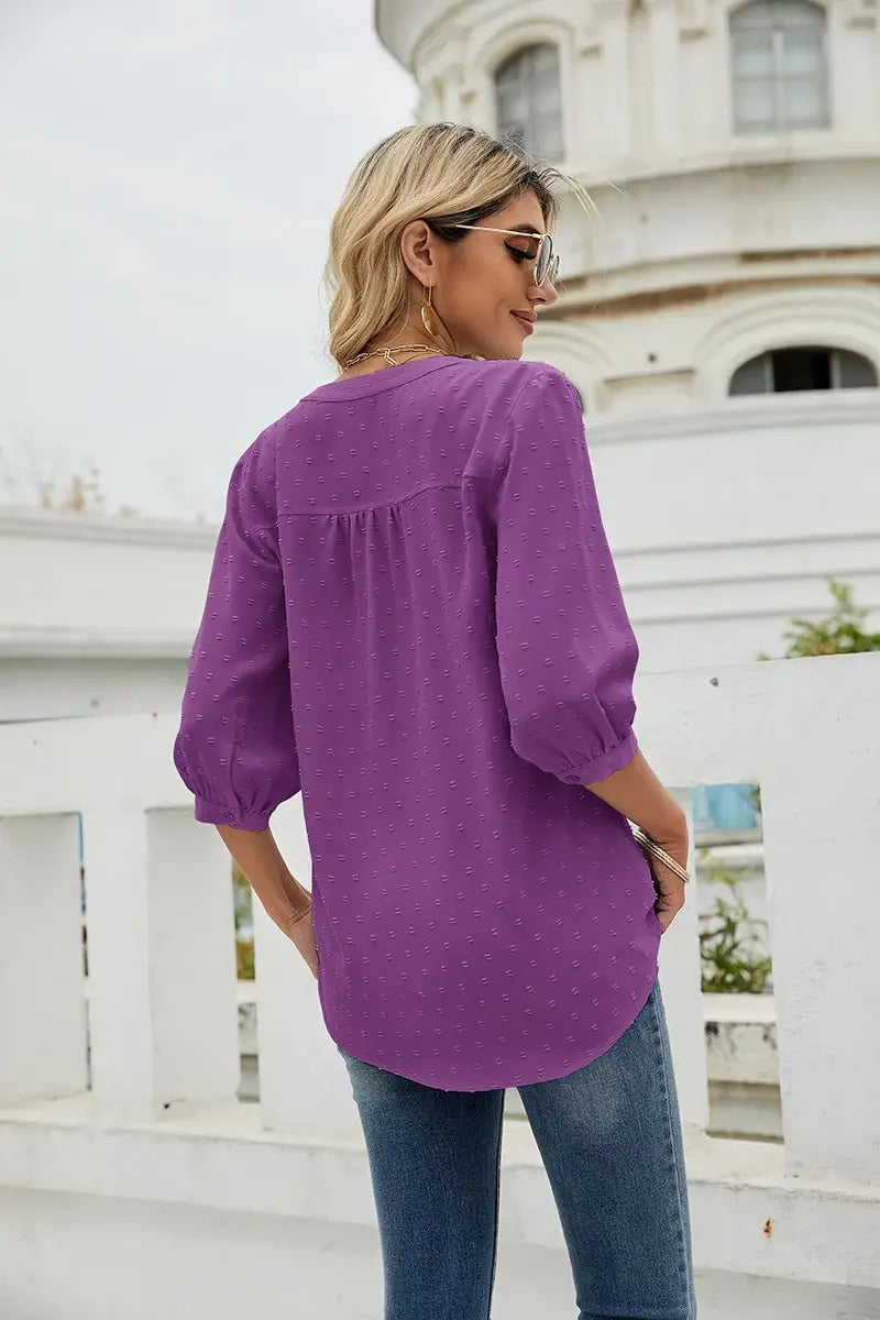 Swiss Dot Notched Neck Three-Quarter Sleeve Blouse - Trendsi - Flyclothing LLC