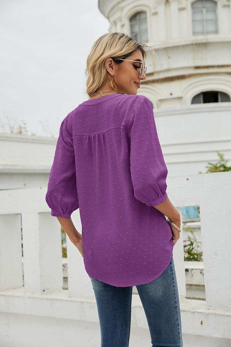 Swiss Dot Notched Neck Three-Quarter Sleeve Blouse - Trendsi - Flyclothing LLC