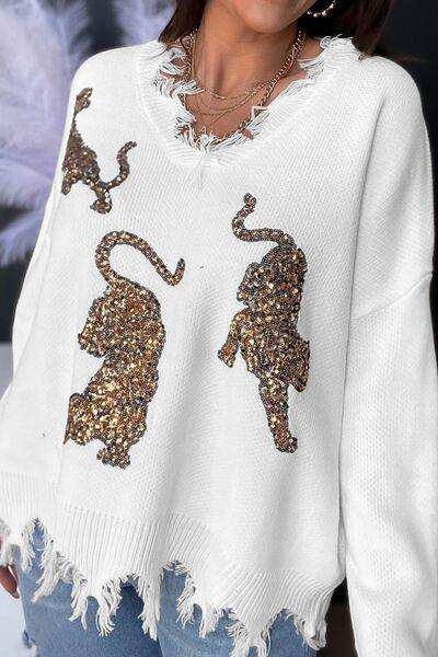 Tiger Sequin Raw Hem Dropped Shoulder Sweater - Trendsi - Flyclothing LLC