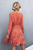 Printed V-Neck Tie Belt Ruffle Hem Mini Dress - Trendsi