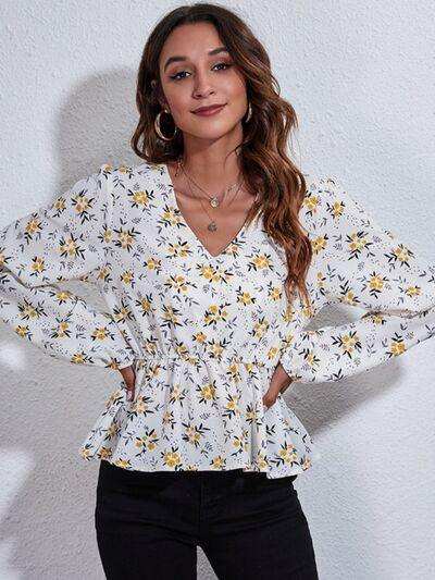 Floral V-Neck Balloon Sleeve Peplum Blouse - Trendsi - Flyclothing LLC