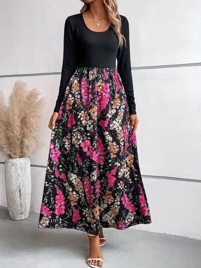 Floral Round Neck Long Sleeve Maxi Dress - Trendsi