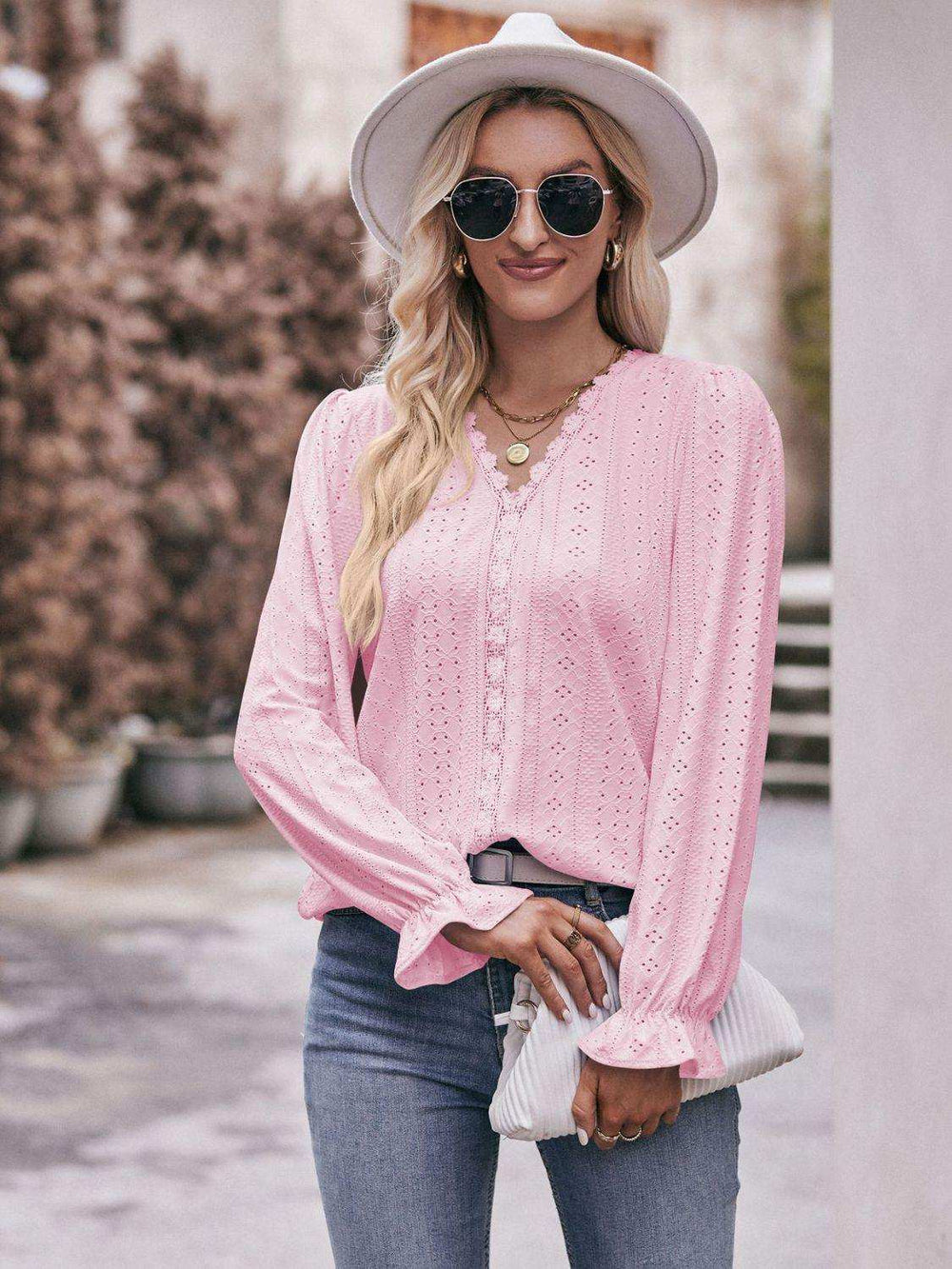 Eyelet V-Neck Flounce Sleeve Blouse - Trendsi - Flyclothing LLC