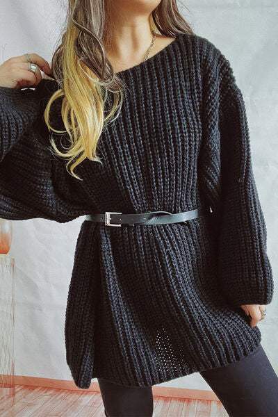 Boat Neck Dropped Shoulder Mini Sweater Dress - Trendsi - Flyclothing LLC