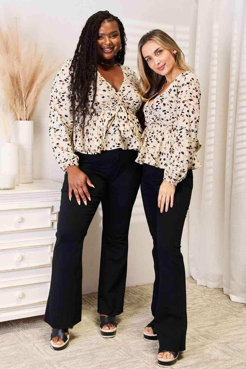 Double Take Printed Tied Plunge Peplum Blouse - Trendsi - Flyclothing LLC
