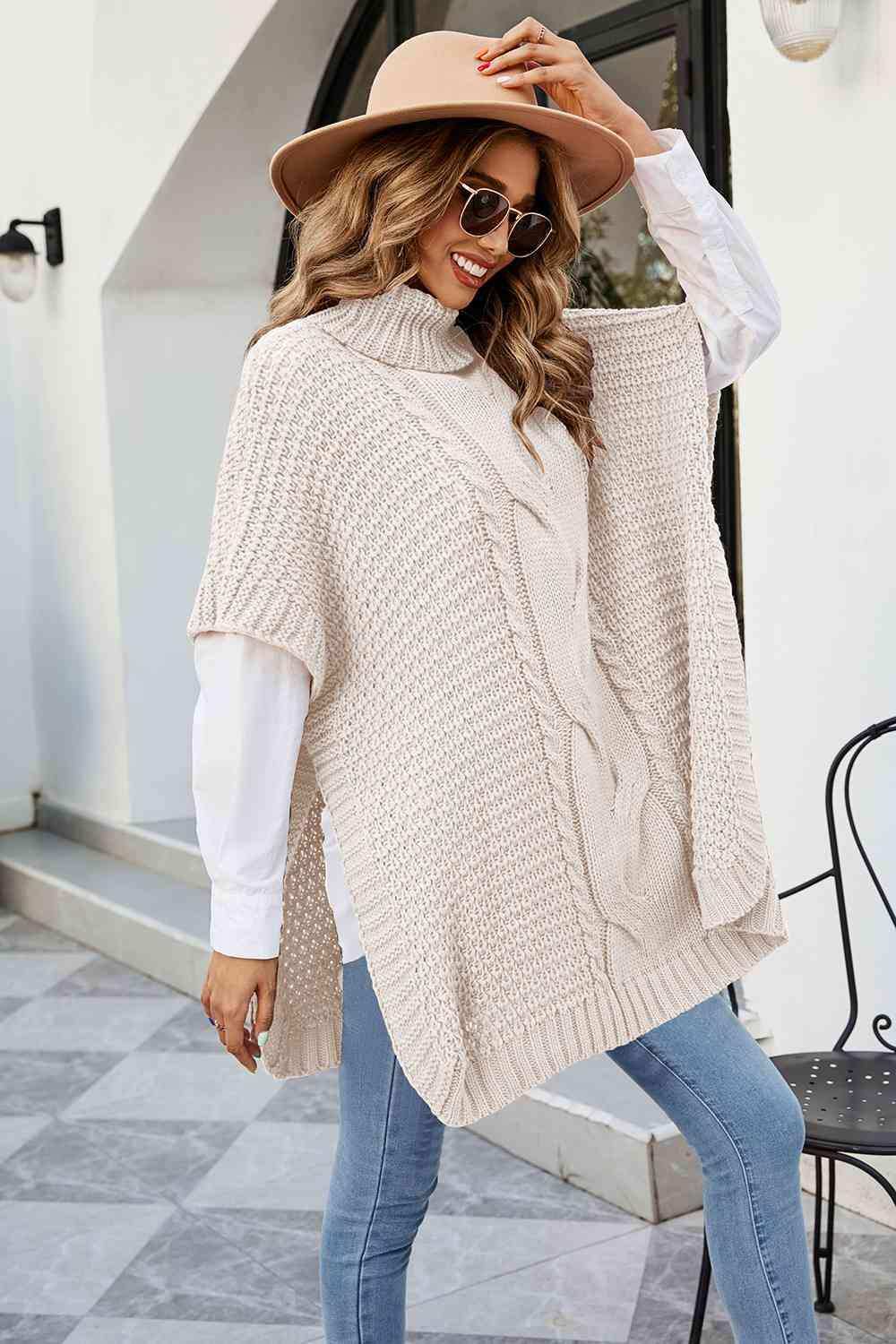 Cable-Knit Turtleneck Slit Sweater - Trendsi - Flyclothing LLC