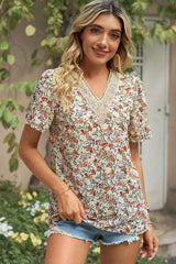 Floral V-Neck Short Sleeve T-Shirt - Trendsi - Flyclothing LLC