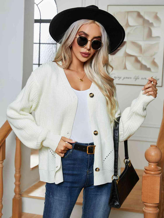 Button Up V-Neck Long Sleeve Cardigan - Trendsi