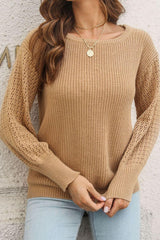 Ribbed Openwork Sleeve Round Neck Pullover Sweater - Trendsi