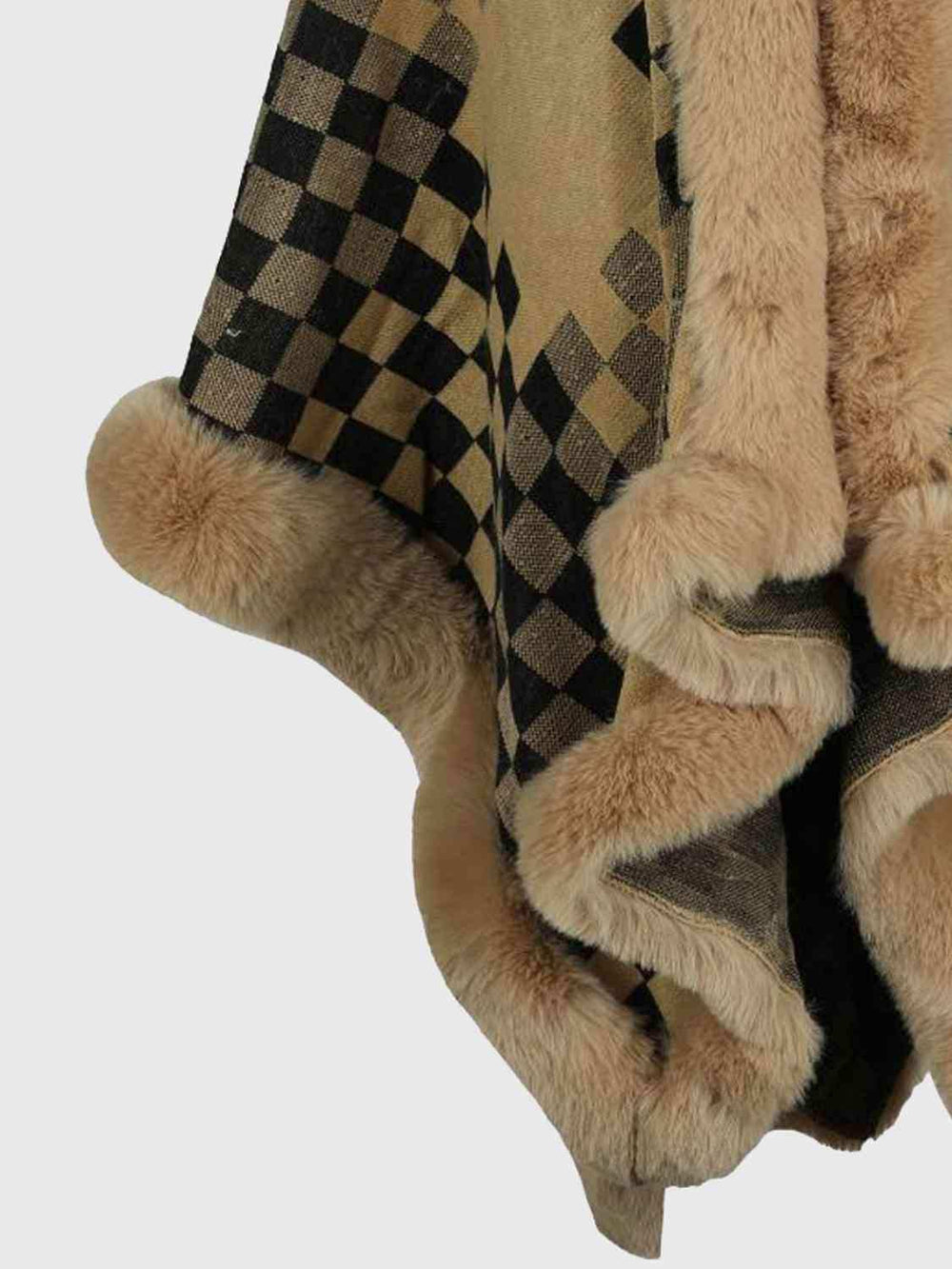 Checkered Faux Fur Trim Poncho - Trendsi - Flyclothing LLC