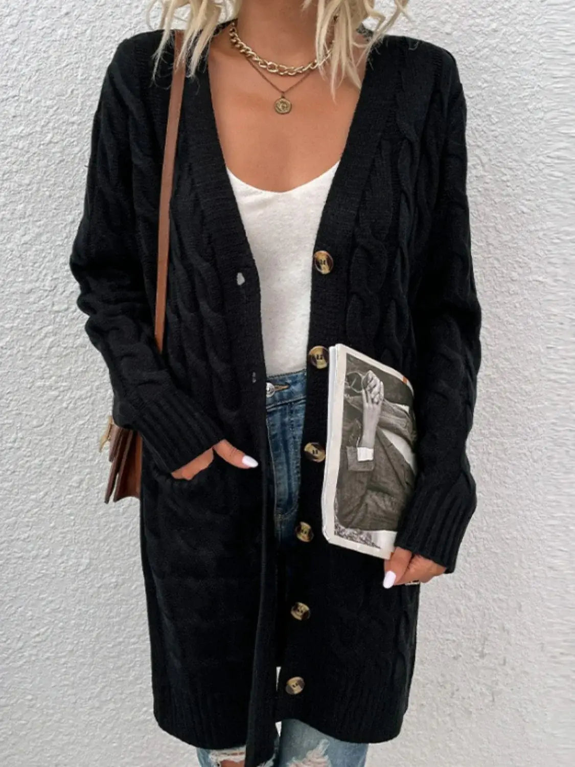 Cable-Knit Button Down Cardigan with Pockets - Trendsi - Flyclothing LLC