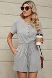 Drawstring Half Button Short Sleeve Romper - Trendsi