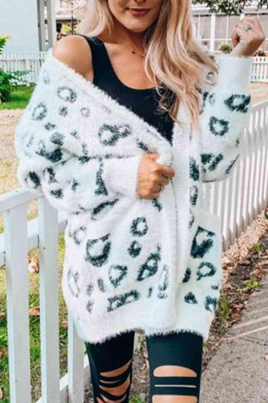 Leopard Open Front Cardigan with Pockets - Trendsi