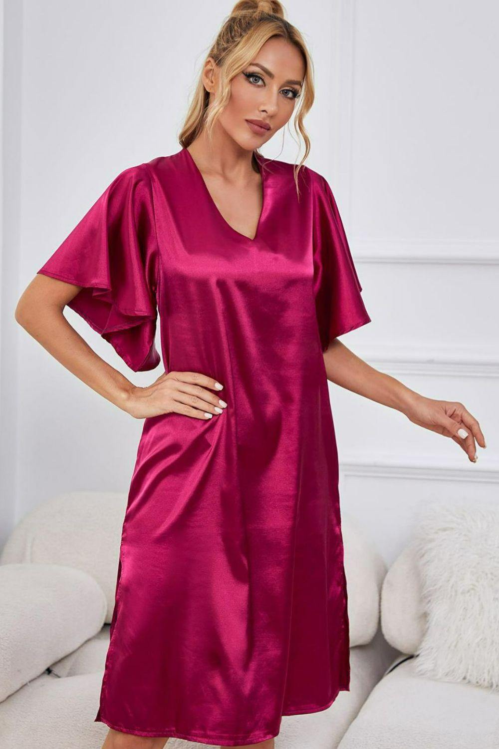 Satin Flutter Sleeve Side Slit V-Neck Night Dress - Trendsi