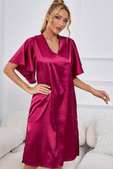 Satin Flutter Sleeve Side Slit V-Neck Night Dress - Trendsi