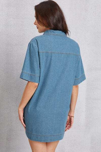 Pocketed Collared Neck Mini Denim Dress - Trendsi - Flyclothing LLC