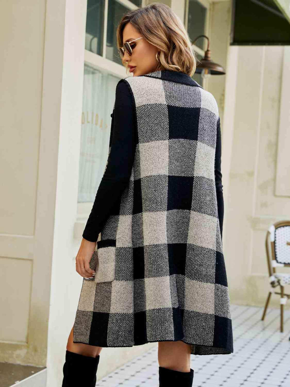 Plaid Lapel Collar Sleeveless Cardigan - Trendsi - Flyclothing LLC
