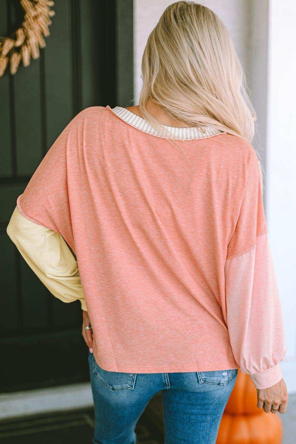 Color Block V-Neck Dropped Shoulder Sweatshirt with Pocket - Trendsi - Flyclothing LLC
