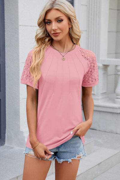 Openwork Round Neck Short Sleeve T-Shirt - Trendsi - Flyclothing LLC
