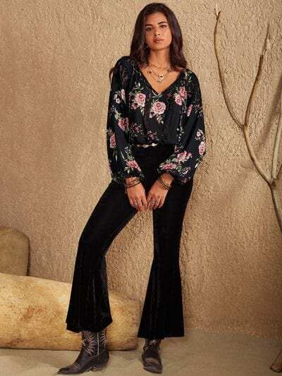 Flower Printed Tie Neck Long Sleeve Blouse - Trendsi - Flyclothing LLC