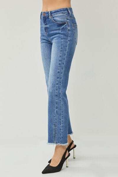 RISEN High Waist Raw Hem Slit Straight Jeans - Trendsi - Flyclothing LLC