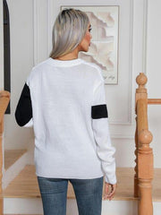 Color Block Cable-Knit Round Neck Sweater - Trendsi