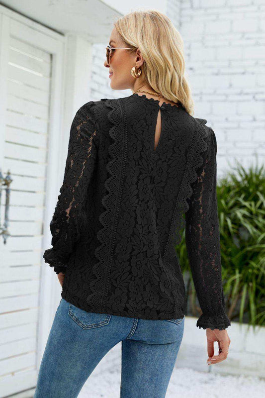 V-Neck Flounce Sleeve Lace Top - Trendsi - Flyclothing LLC