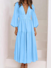 Deep V-Neck Balloon Sleeve Plain Maxi Dress - Trendsi