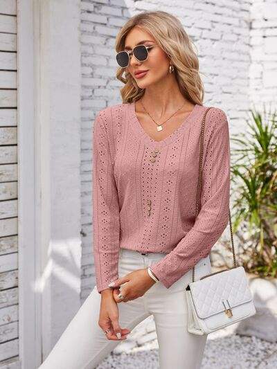 Decorative Button Openwork V-Neck T-Shirt - Trendsi - Flyclothing LLC