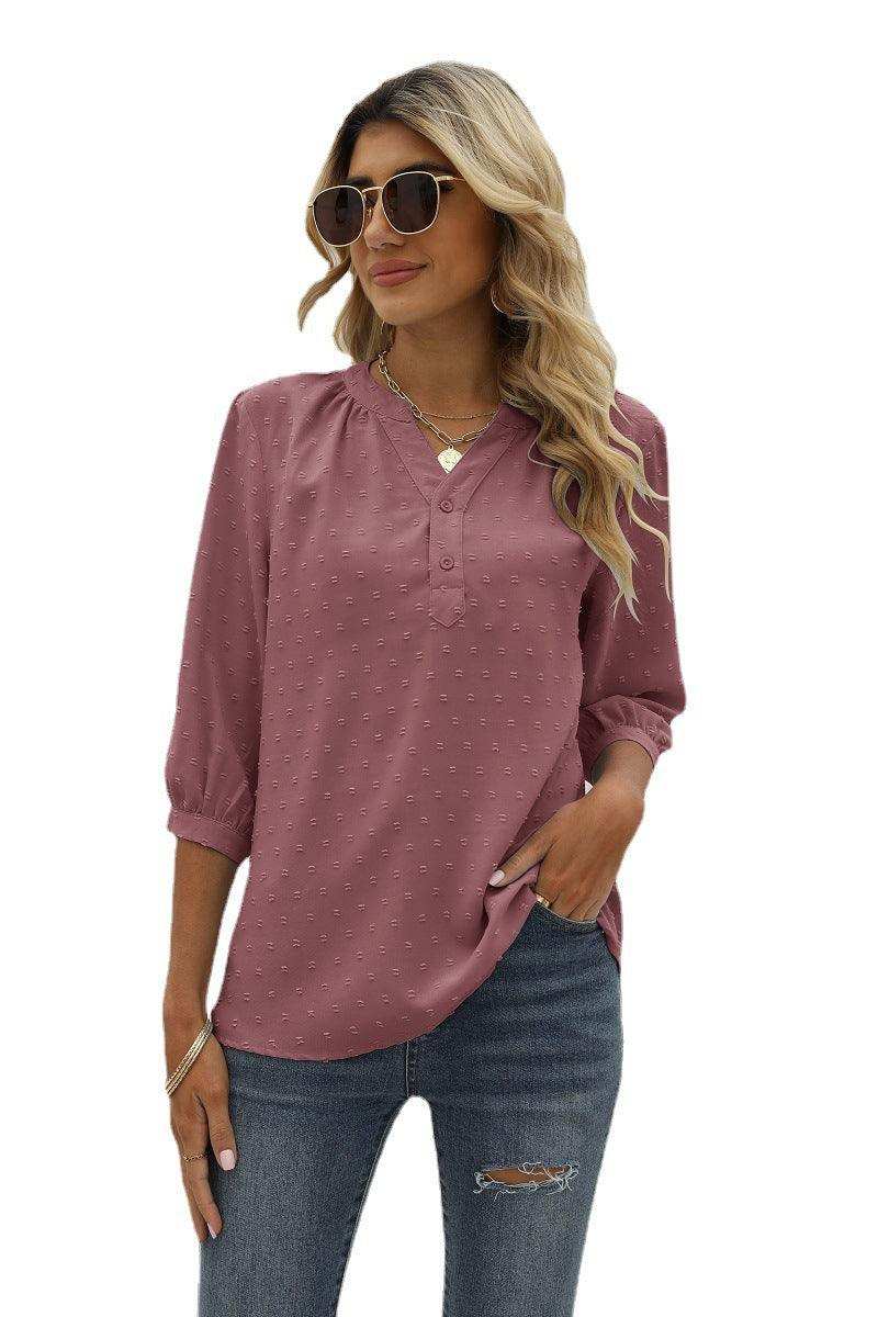 Swiss Dot Notched Neck Three-Quarter Sleeve Blouse - Trendsi - Flyclothing LLC