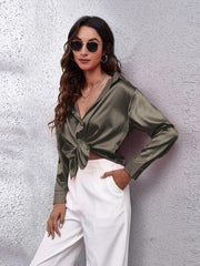 Button Up Collared Neck Long Sleeve Shirt - Trendsi