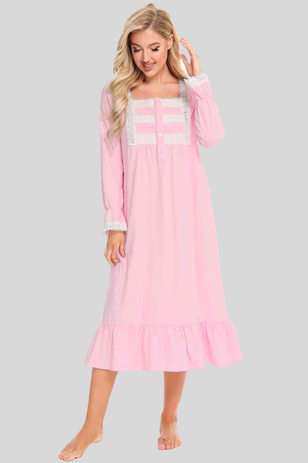 Lace Detail Square Neck Flounce Sleeve Night Dress - Trendsi - Flyclothing LLC