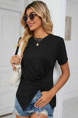 Ruched Round Neck Short Sleeve T-Shirt - Trendsi - Flyclothing LLC