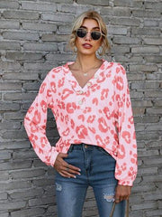 Leopard V-Neck Decorative Button Long Sleeve Blouse - Trendsi