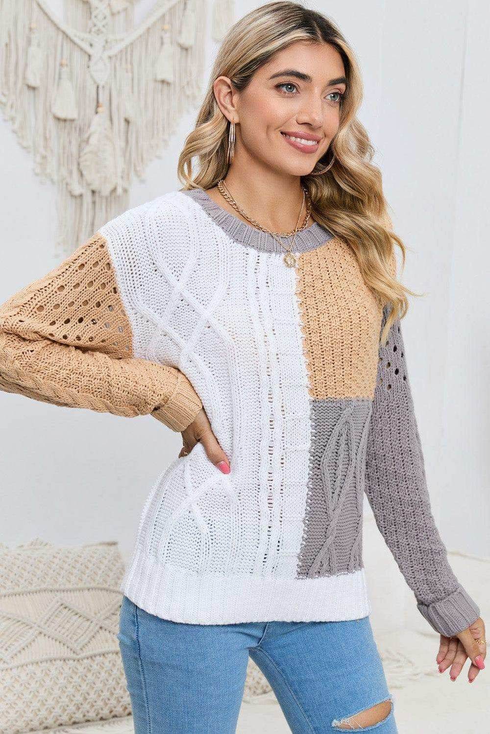 Cable-Knit Openwork Round Neck Color Block Sweater - Trendsi - Flyclothing LLC