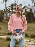 Swiss Dot V-Neck Long Sleeve Blouse - Trendsi