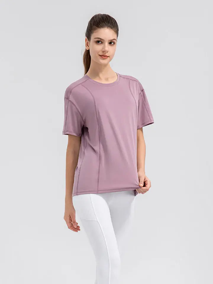Round Neck Short Sleeve Active Top - Trendsi - Flyclothing LLC